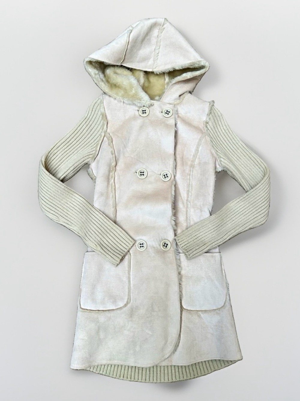 VTG Y2K Women’s S Hooded Button Faux Suede Fur Jacket Coat Beige Mid-Length Boho